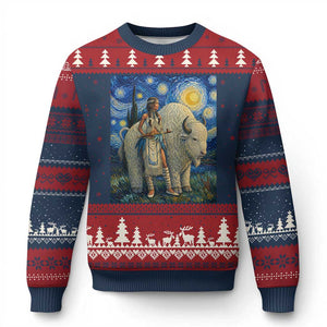 White Buffalo Woman Ugly Christmas Sweater North American Native Legends Starry Night Inspired Art