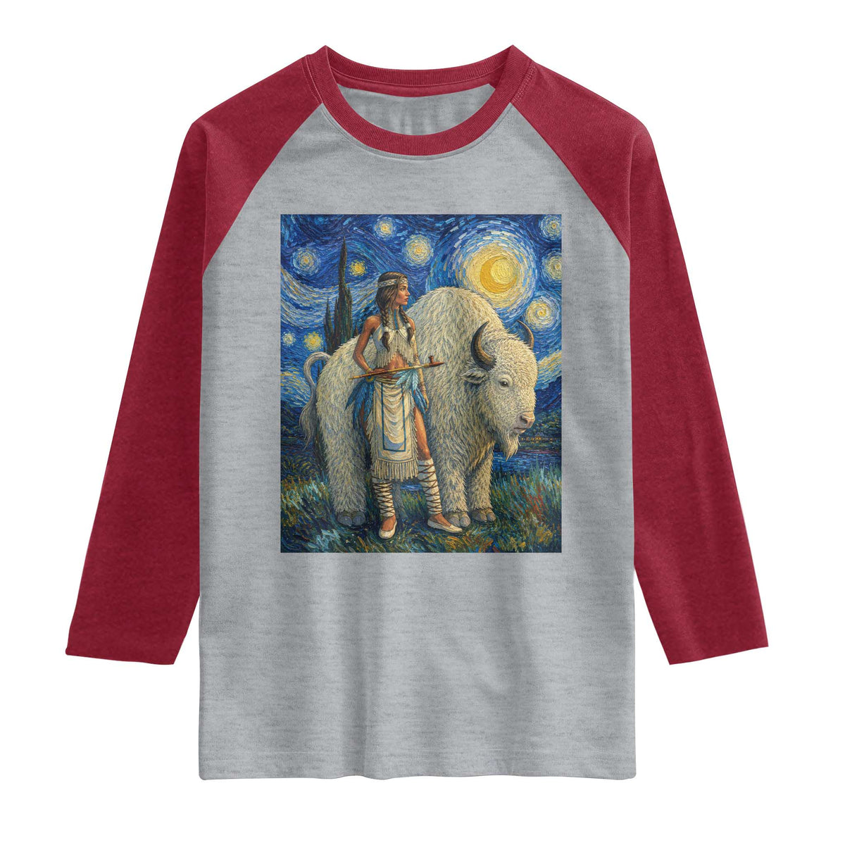 White Buffalo Woman Raglan Shirt North American Native Legends Starry Night Inspired Art