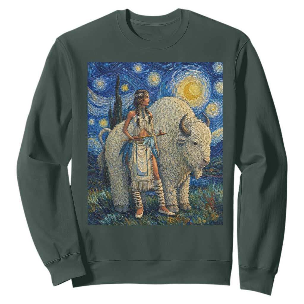 White Buffalo Woman Sweatshirt North American Native Legends Starry Night Inspired Art