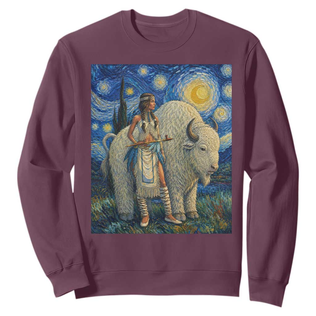 White Buffalo Woman Sweatshirt North American Native Legends Starry Night Inspired Art