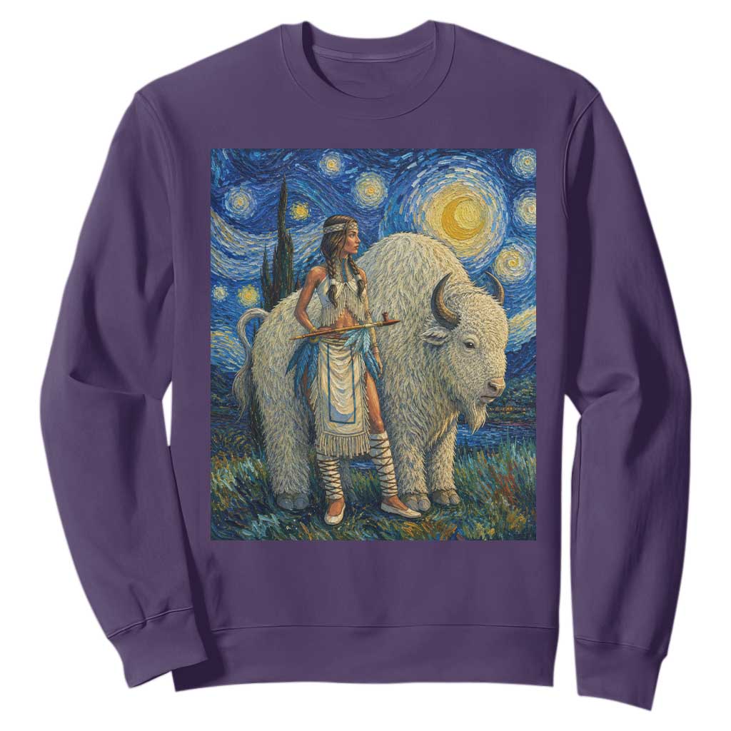 White Buffalo Woman Sweatshirt North American Native Legends Starry Night Inspired Art