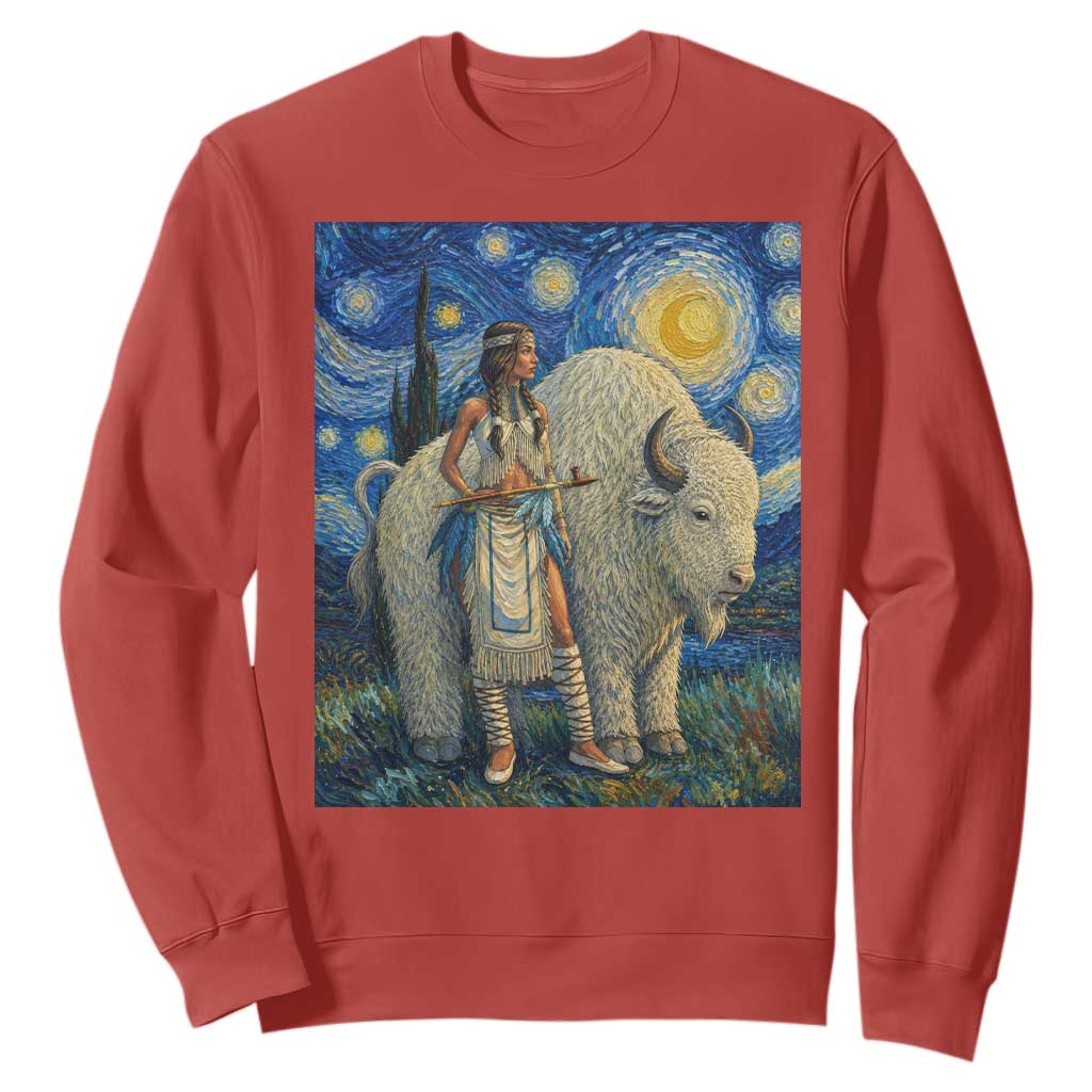 White Buffalo Woman Sweatshirt North American Native Legends Starry Night Inspired Art