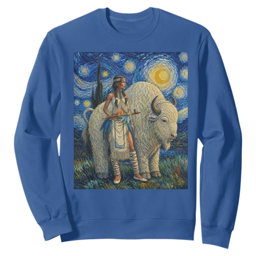 White Buffalo Woman Sweatshirt North American Native Legends Starry Night Inspired Art