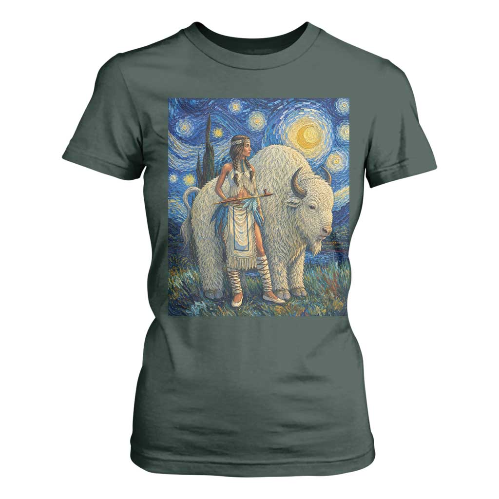 White Buffalo Woman T Shirt For Women North American Native Legends Starry Night Inspired Art
