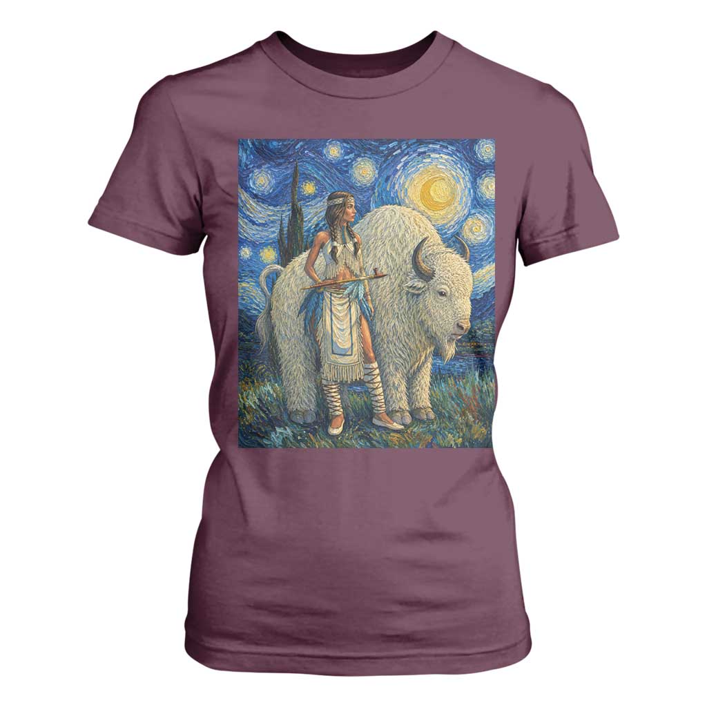 White Buffalo Woman T Shirt For Women North American Native Legends Starry Night Inspired Art