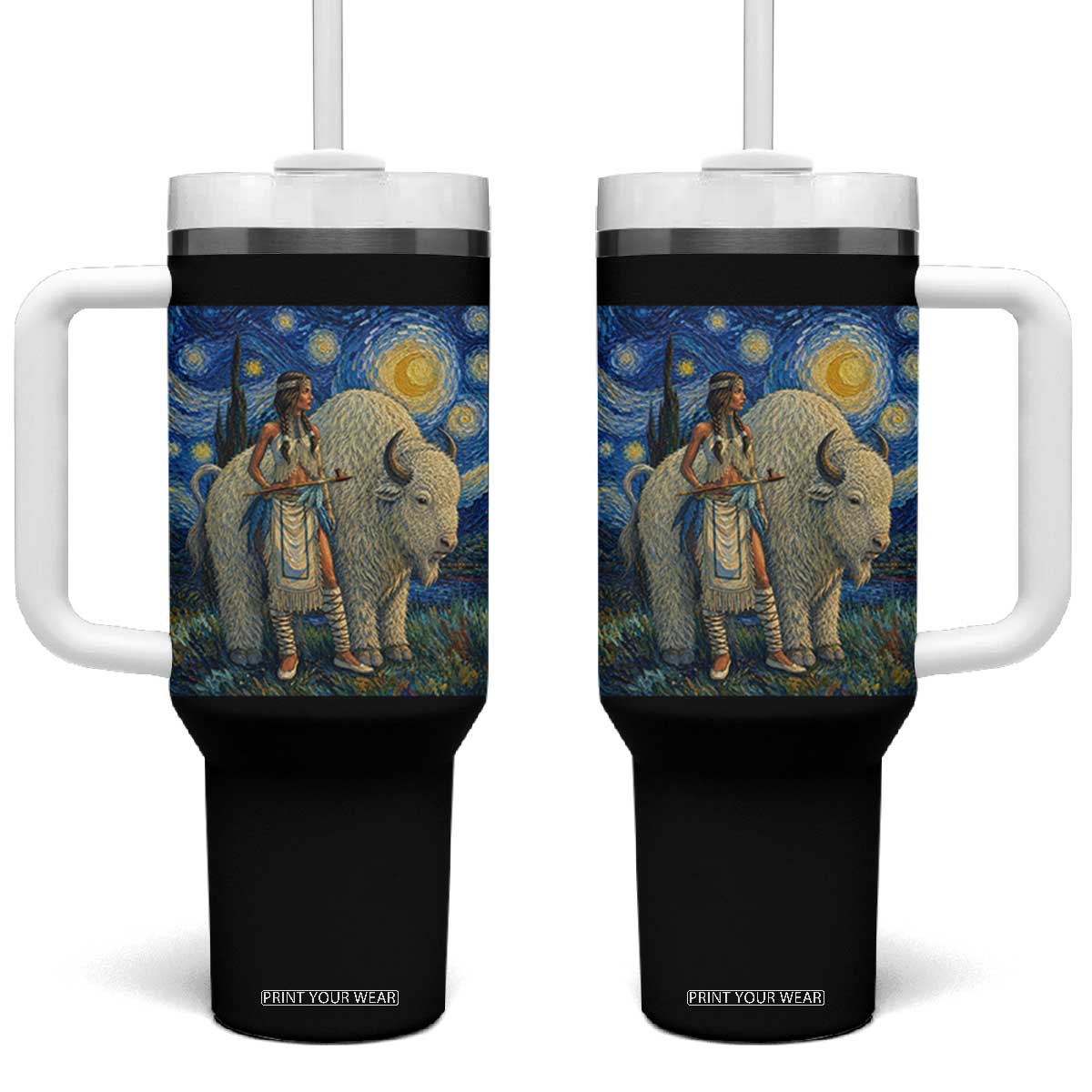 White Buffalo Woman Tumbler With Handle North American Native Legends Starry Night Inspired Art TS12 One Size: 40 oz Black Print Your Wear