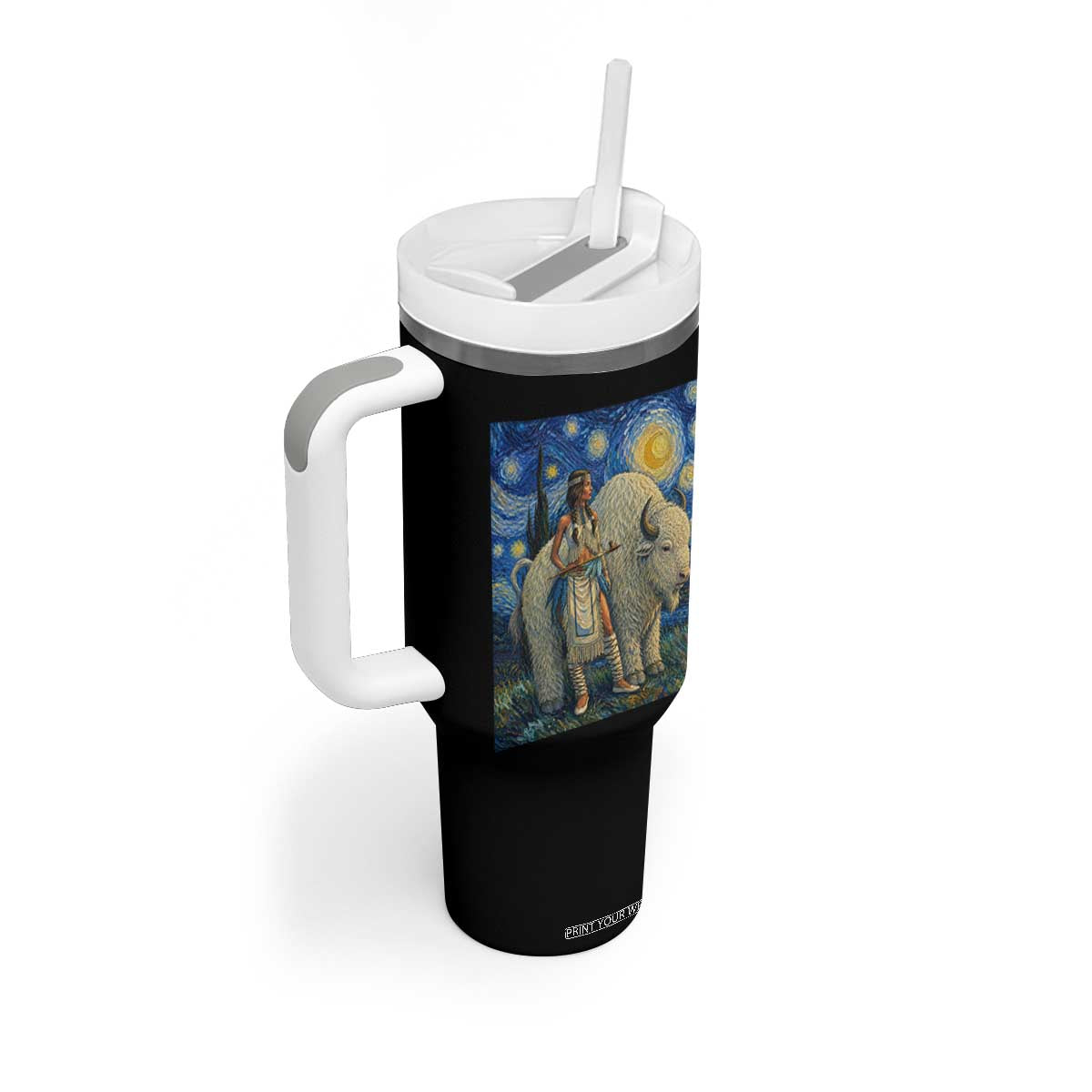 White Buffalo Woman Tumbler With Handle North American Native Legends Starry Night Inspired Art