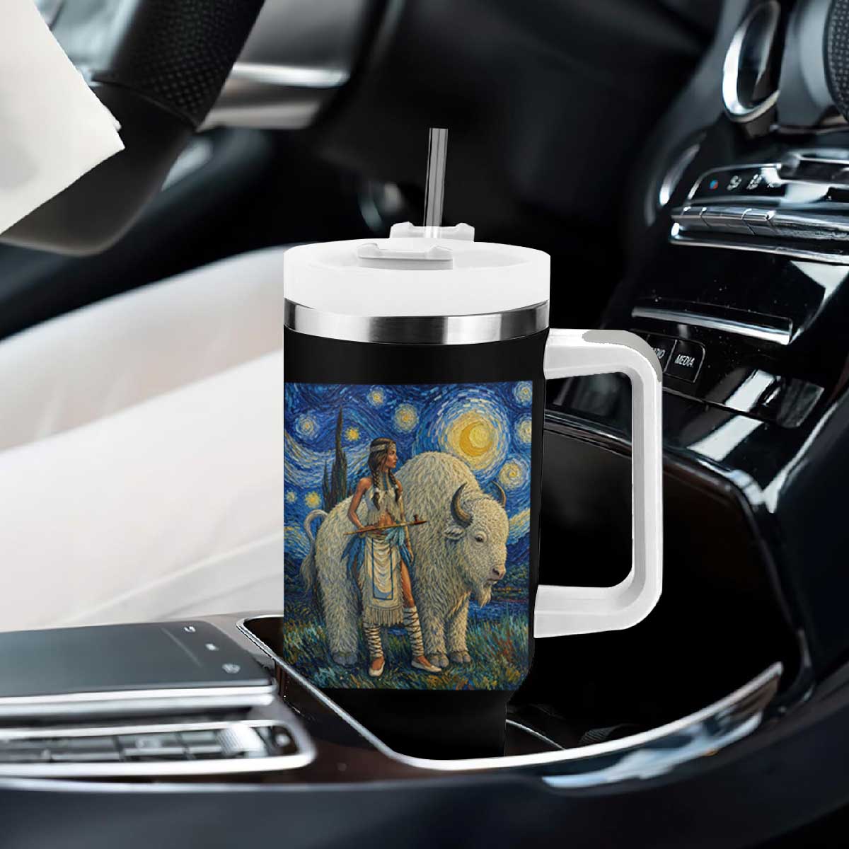 White Buffalo Woman Tumbler With Handle North American Native Legends Starry Night Inspired Art