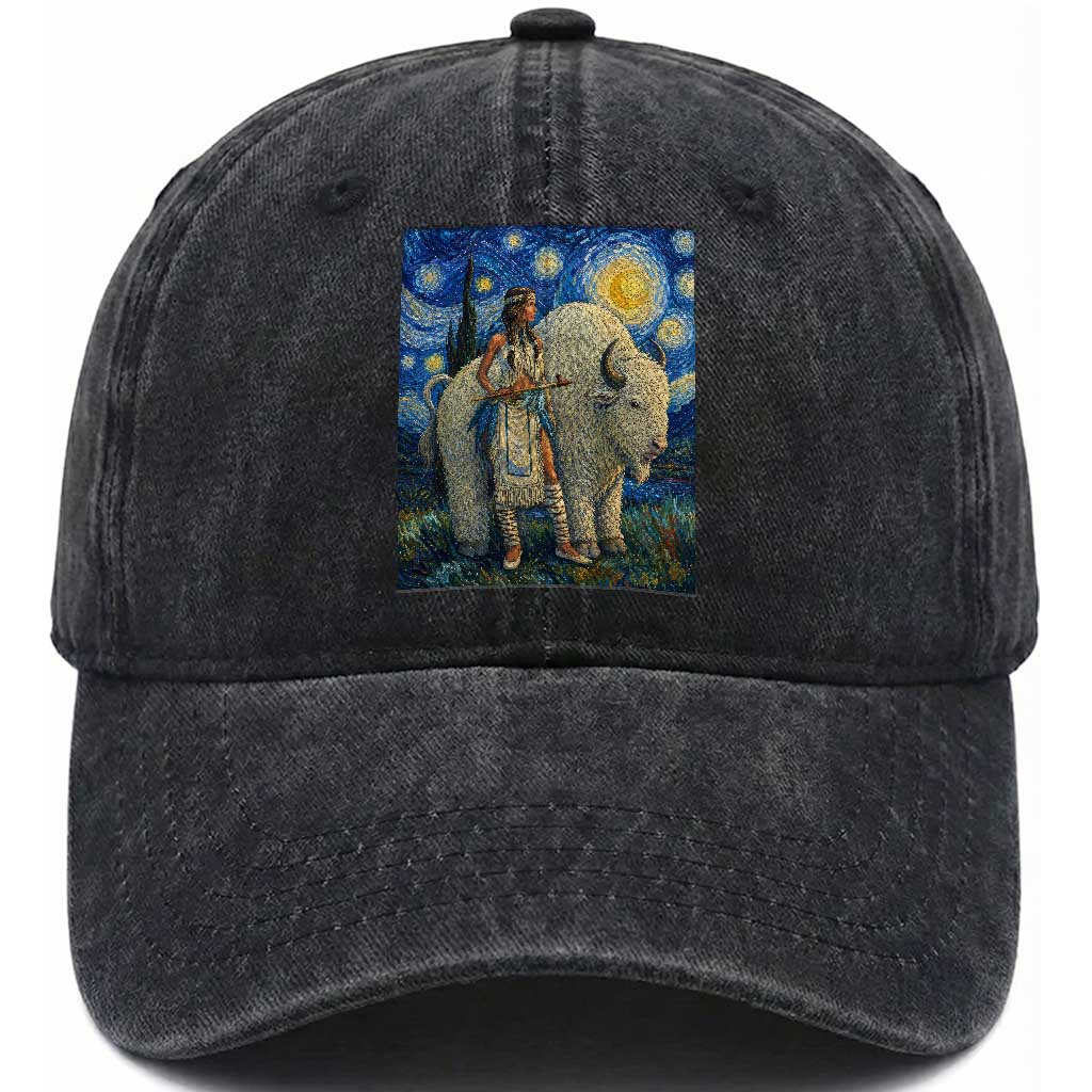 White Buffalo Woman Washed Cotton Baseball Cap North American Native Legends Starry Night Inspired Art TS12 Print Your Wear
