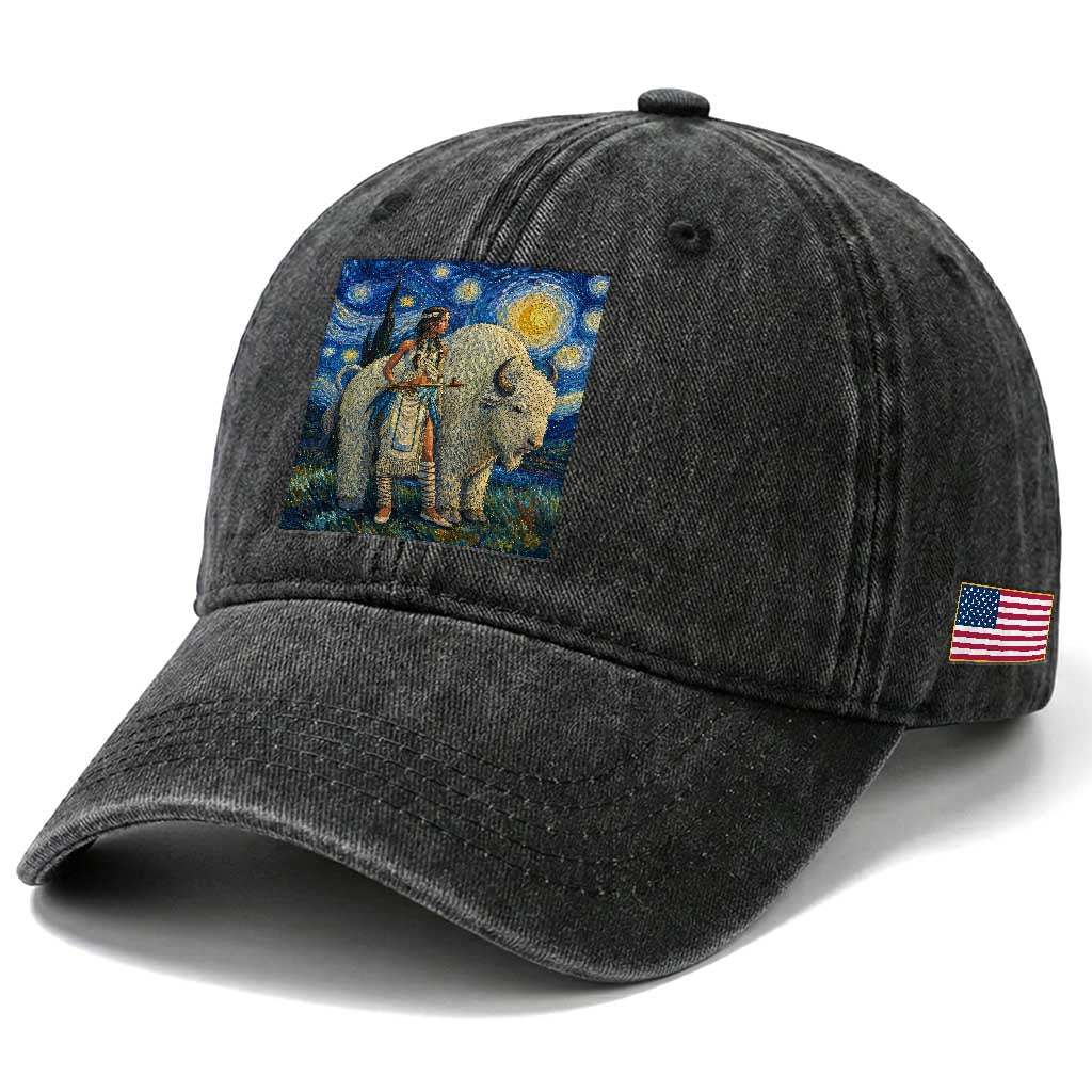 White Buffalo Woman Washed Cotton Baseball Cap North American Native Legends Starry Night Inspired Art TS12 Print Your Wear