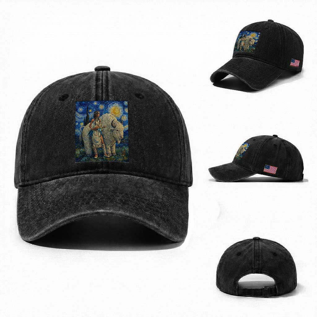 White Buffalo Woman Washed Cotton Baseball Cap North American Native Legends Starry Night Inspired Art TS12 Washed Cap Universal Fit Black Print Your Wear