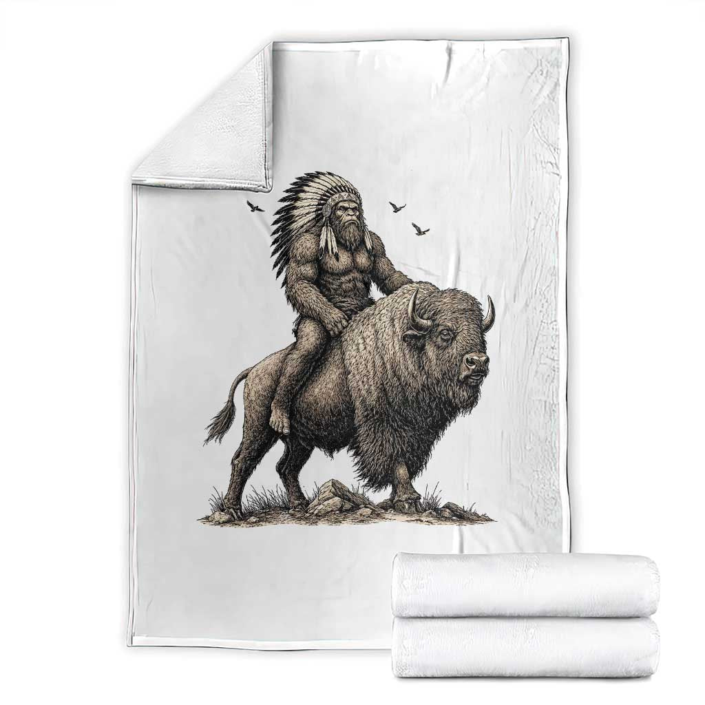 Funny Bigfoot Buffalo Rider Throw Blanket Native Inspired Heritage Graphic
