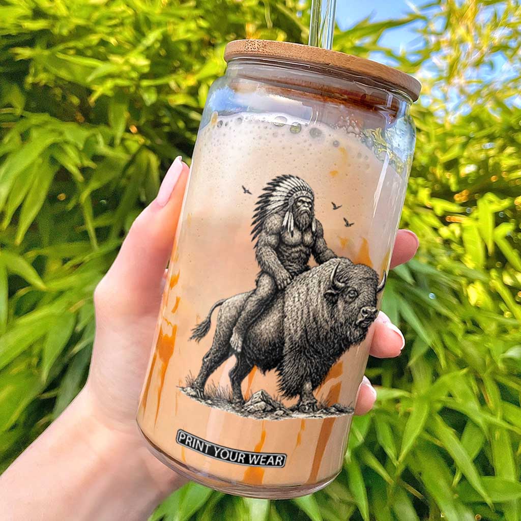 Funny Bigfoot Buffalo Rider Glass Can Native Inspired Heritage Graphic TS12 White Print Your Wear
