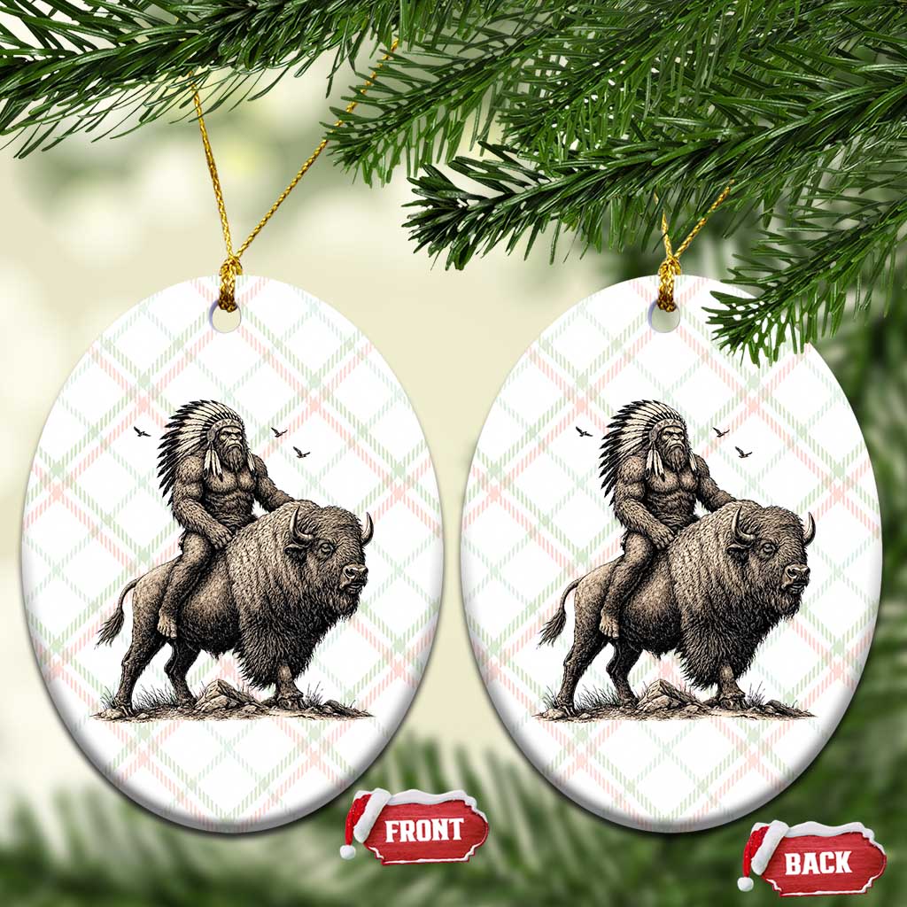 Funny Bigfoot Buffalo Rider Ceramic Ornament Native Inspired Heritage Graphic