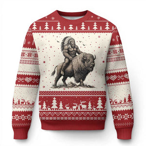 Funny Bigfoot Buffalo Rider Ugly Christmas Sweater Native Inspired Heritage Graphic