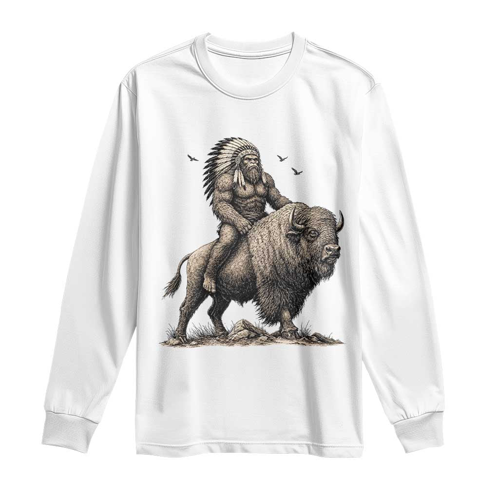 Funny Bigfoot Buffalo Rider Long Sleeve Shirt Native Inspired Heritage Graphic TS12 White Print Your Wear