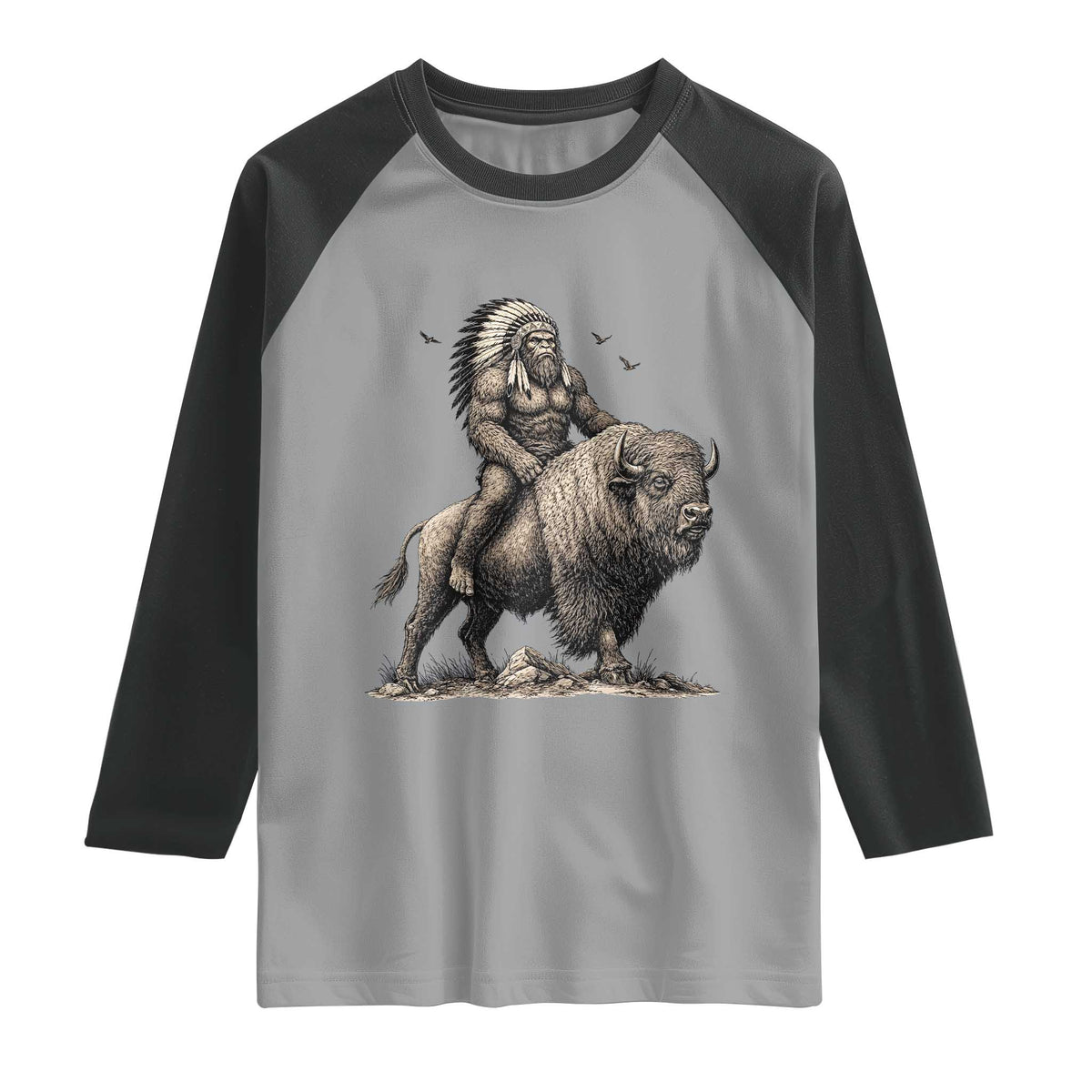 Funny Bigfoot Buffalo Rider Raglan Shirt Native Inspired Heritage Graphic