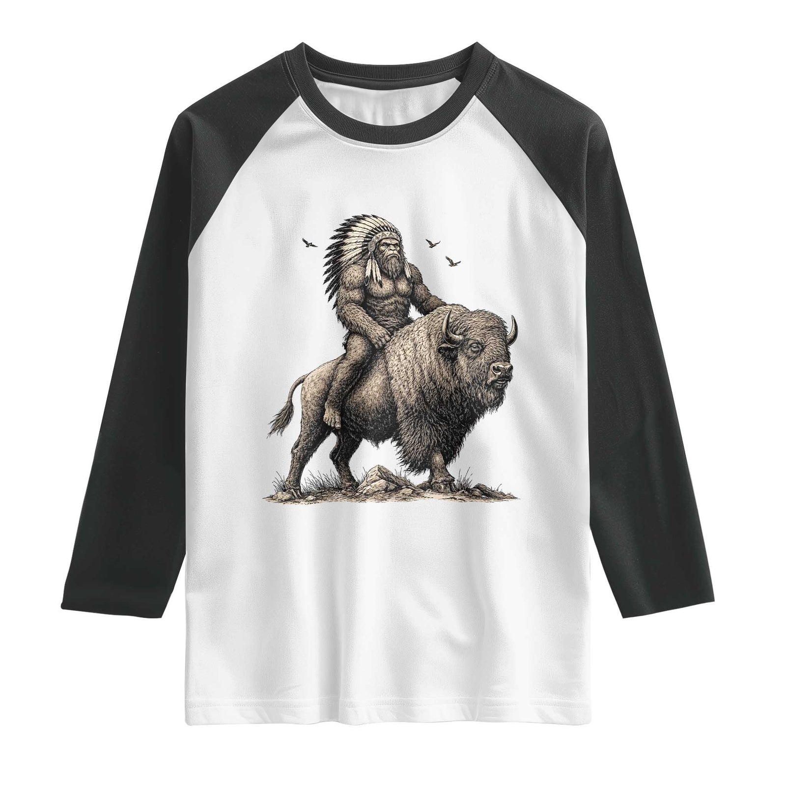 Funny Bigfoot Buffalo Rider Raglan Shirt Native Inspired Heritage Graphic TS12 White Black Print Your Wear