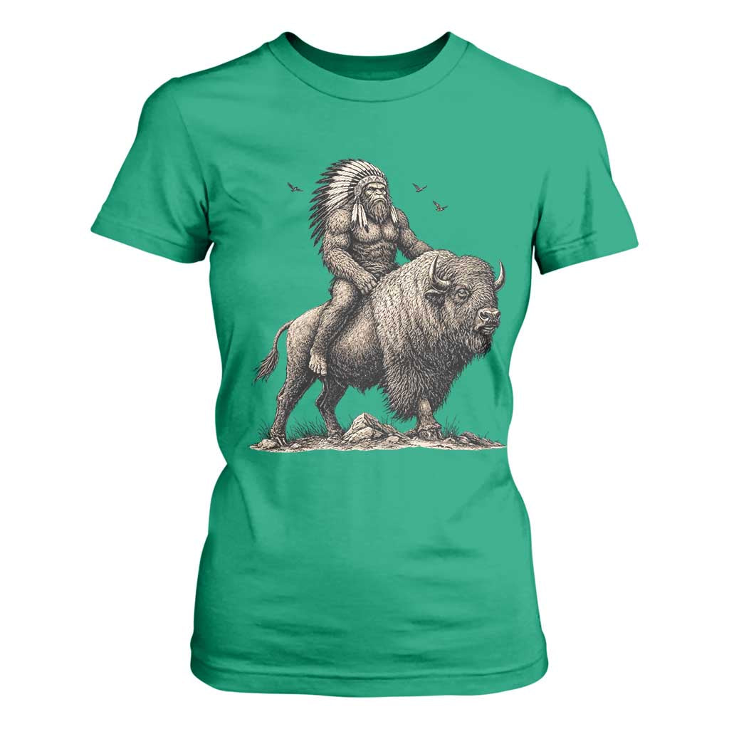 Funny Bigfoot Buffalo Rider T Shirt For Women Native Inspired Heritage Graphic TS12 Irish Green Print Your Wear