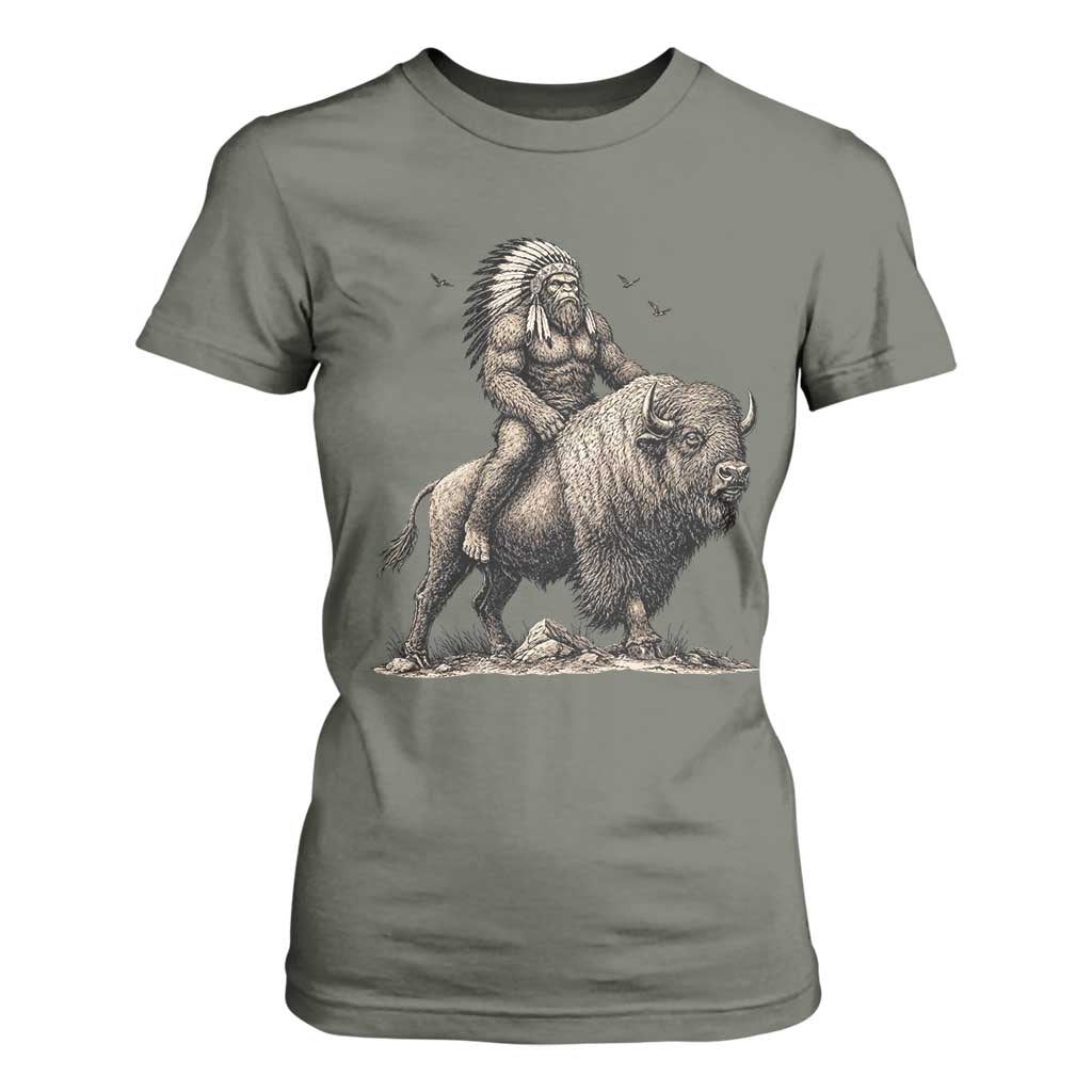Funny Bigfoot Buffalo Rider T Shirt For Women Native Inspired Heritage Graphic TS12 Military Green Print Your Wear