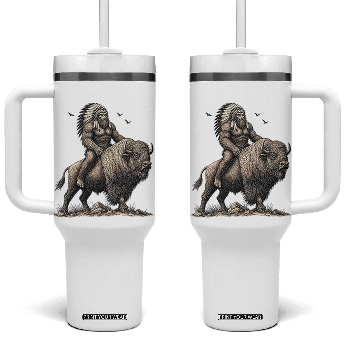 Funny Bigfoot Buffalo Rider Tumbler With Handle Native Inspired Heritage Graphic TS12 One Size: 40 oz White Print Your Wear