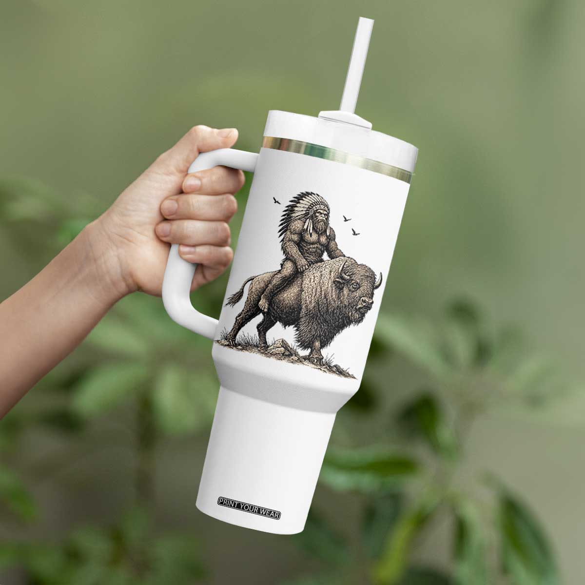 Funny Bigfoot Buffalo Rider Tumbler With Handle Native Inspired Heritage Graphic