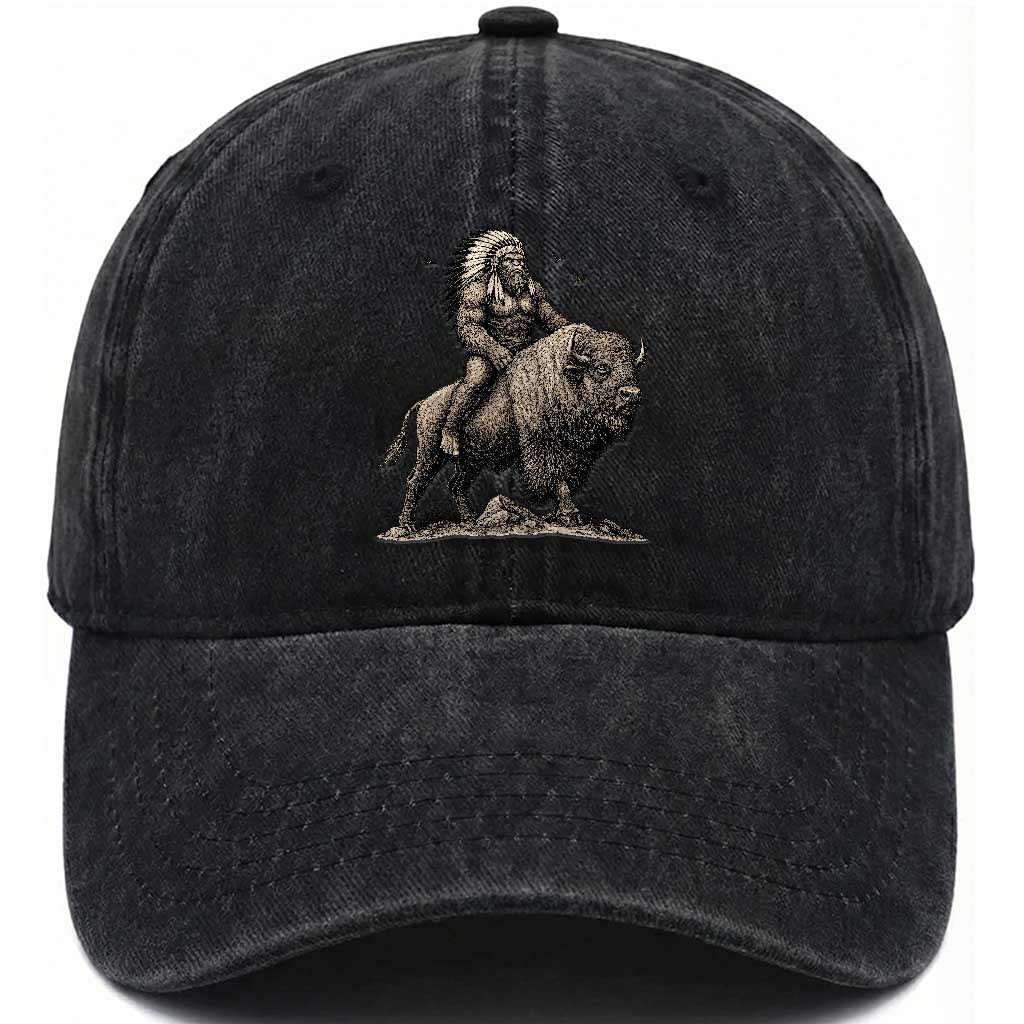 Funny Bigfoot Buffalo Rider Washed Cotton Baseball Cap Native Inspired Heritage Graphic TS12 Print Your Wear