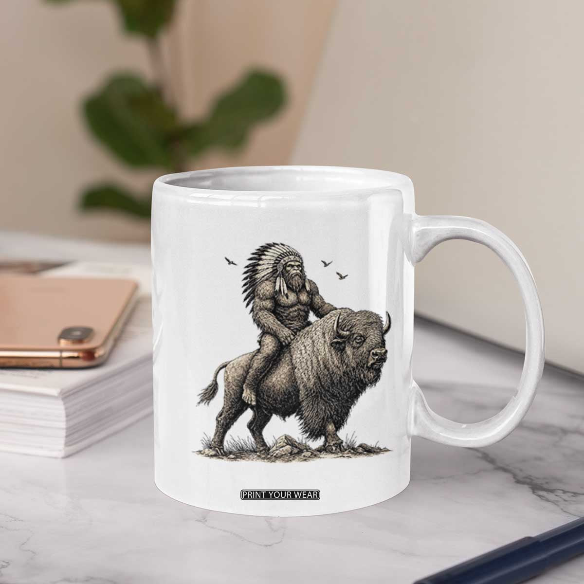 Funny Bigfoot Buffalo Rider Coffee Mug Native Inspired Heritage Graphic