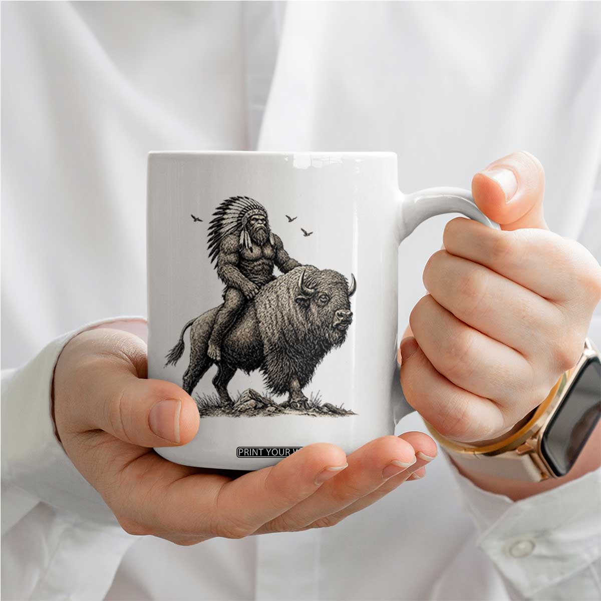 Funny Bigfoot Buffalo Rider Coffee Mug Native Inspired Heritage Graphic