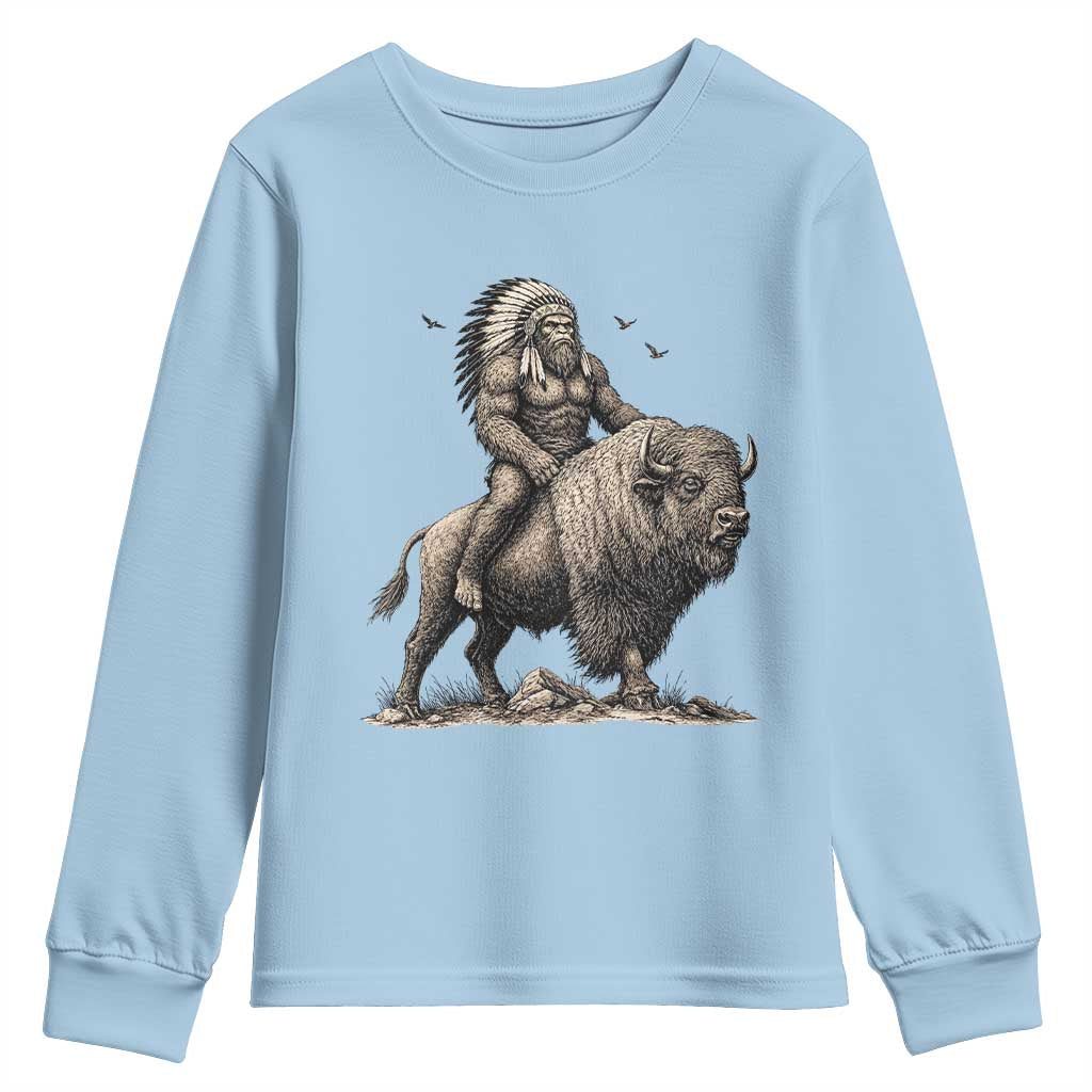 Funny Bigfoot Buffalo Rider Youth Sweatshirt Native Inspired Heritage Graphic