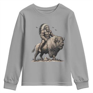 Funny Bigfoot Buffalo Rider Youth Sweatshirt Native Inspired Heritage Graphic