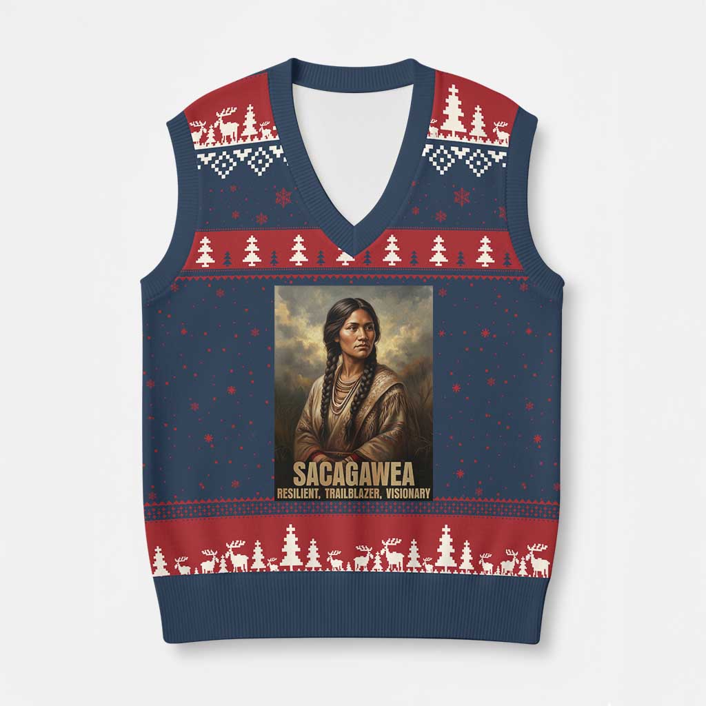 Sacagawea Native American Woman V-Neck Knit Sweater Vest Resilient Trailblazer Visionary