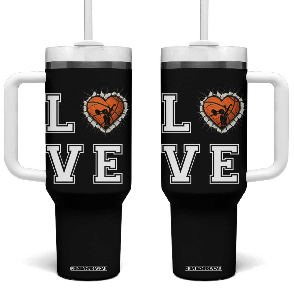 Love Basketball Tumbler With Handle Cracked Ball Graphic For Sport Lover TS12 One Size: 40 oz Black Print Your Wear