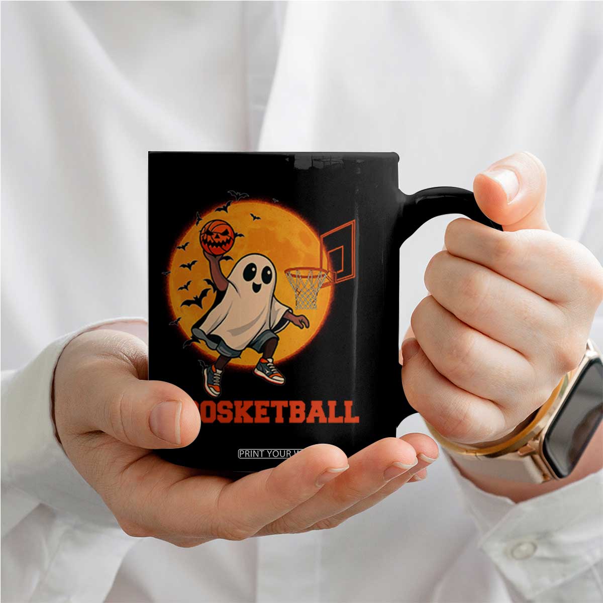 Funny Black Ghost Halloween Basketball Coffee Mug Boosketball Dunk Gift TS12 Print Your Wear