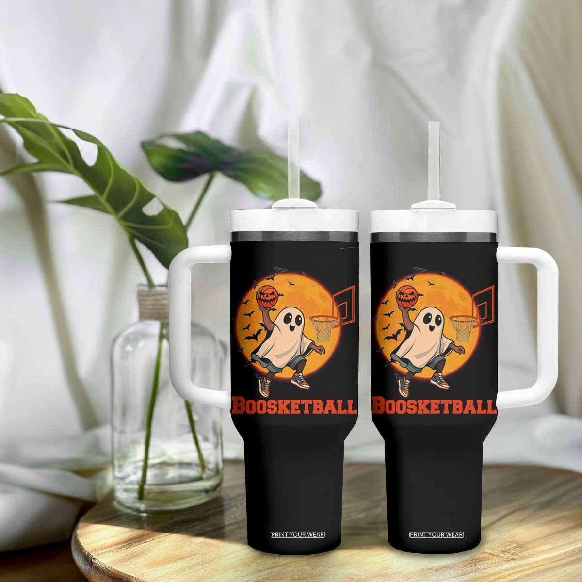 Funny Black Ghost Halloween Basketball Tumbler With Handle Boosketball Dunk Gift TS12 Print Your Wear