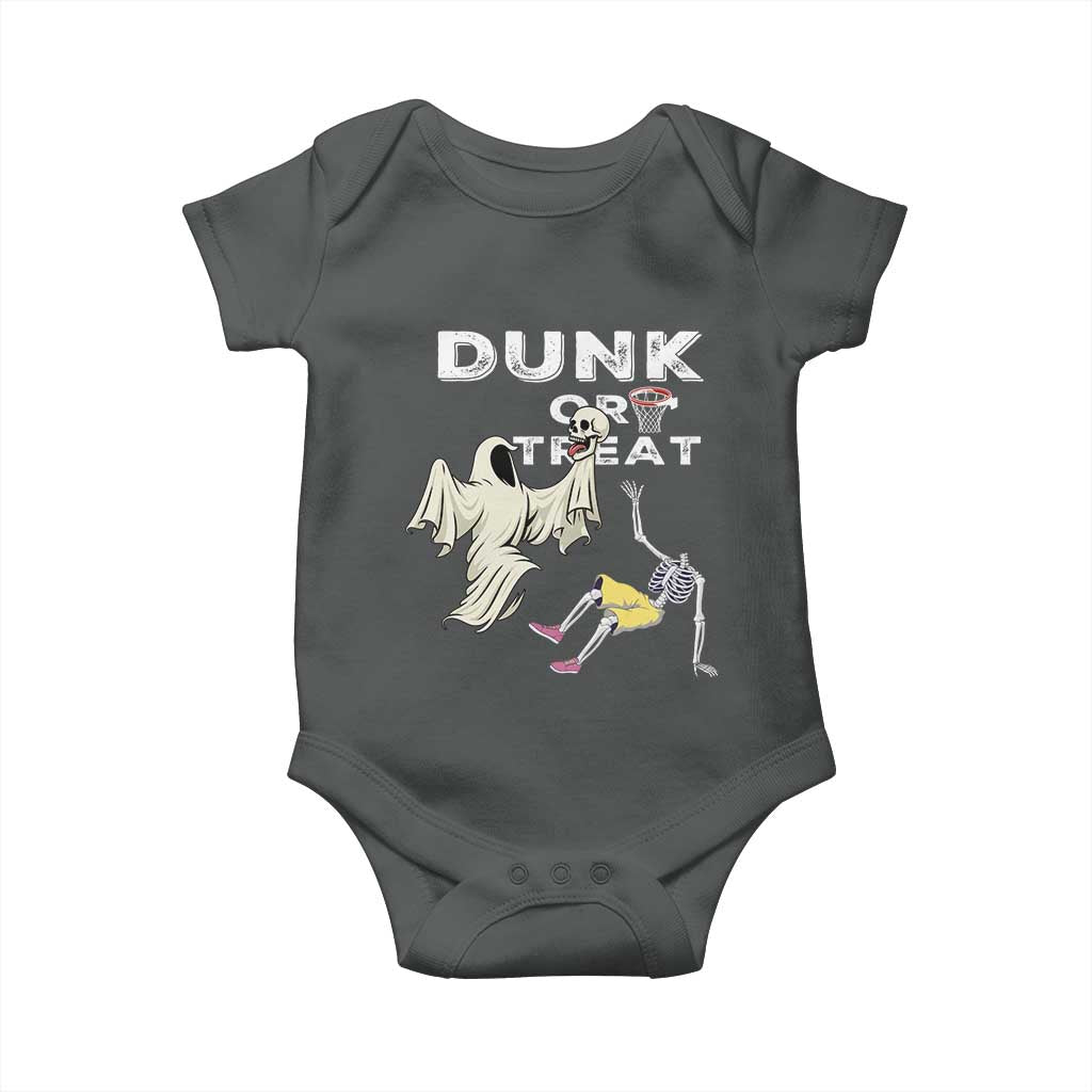 Halloween Dunk Or Treat Baby Onesie Funny Skeleton And Ghost Playing Basketball TS12 Dark Heather Print Your Wear