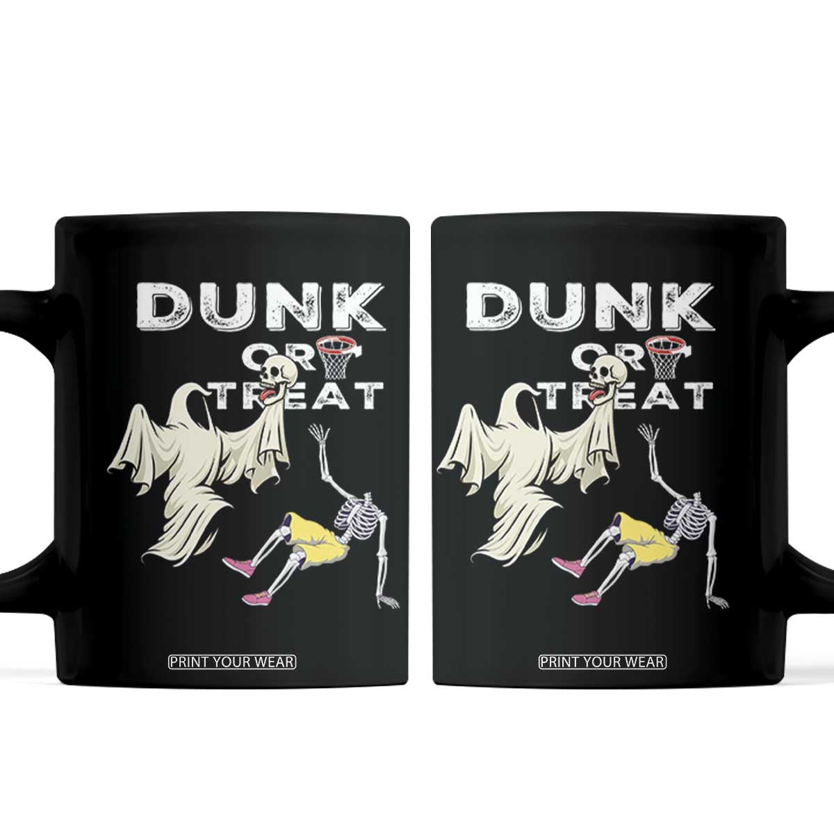 Halloween Dunk Or Treat Coffee Mug Funny Skeleton And Ghost Playing Basketball TS12 Black Print Your Wear
