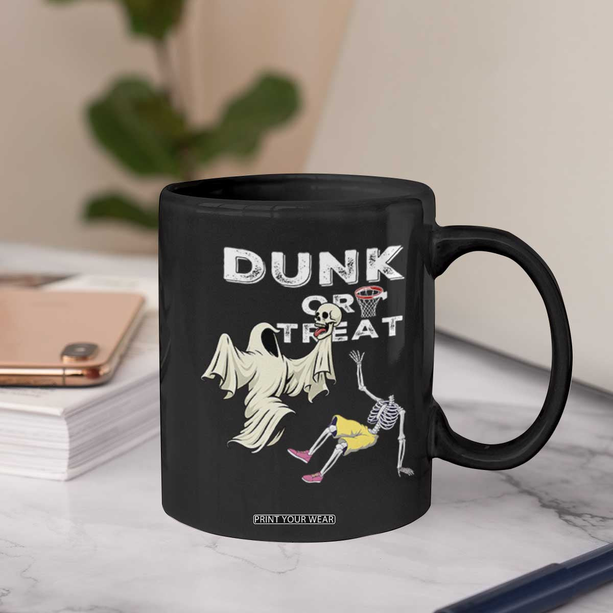 Halloween Dunk Or Treat Coffee Mug Funny Skeleton And Ghost Playing Basketball TS12 Print Your Wear