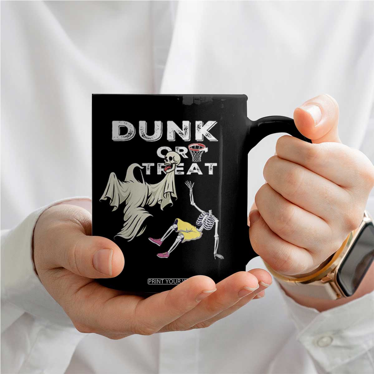 Halloween Dunk Or Treat Coffee Mug Funny Skeleton And Ghost Playing Basketball TS12 Print Your Wear