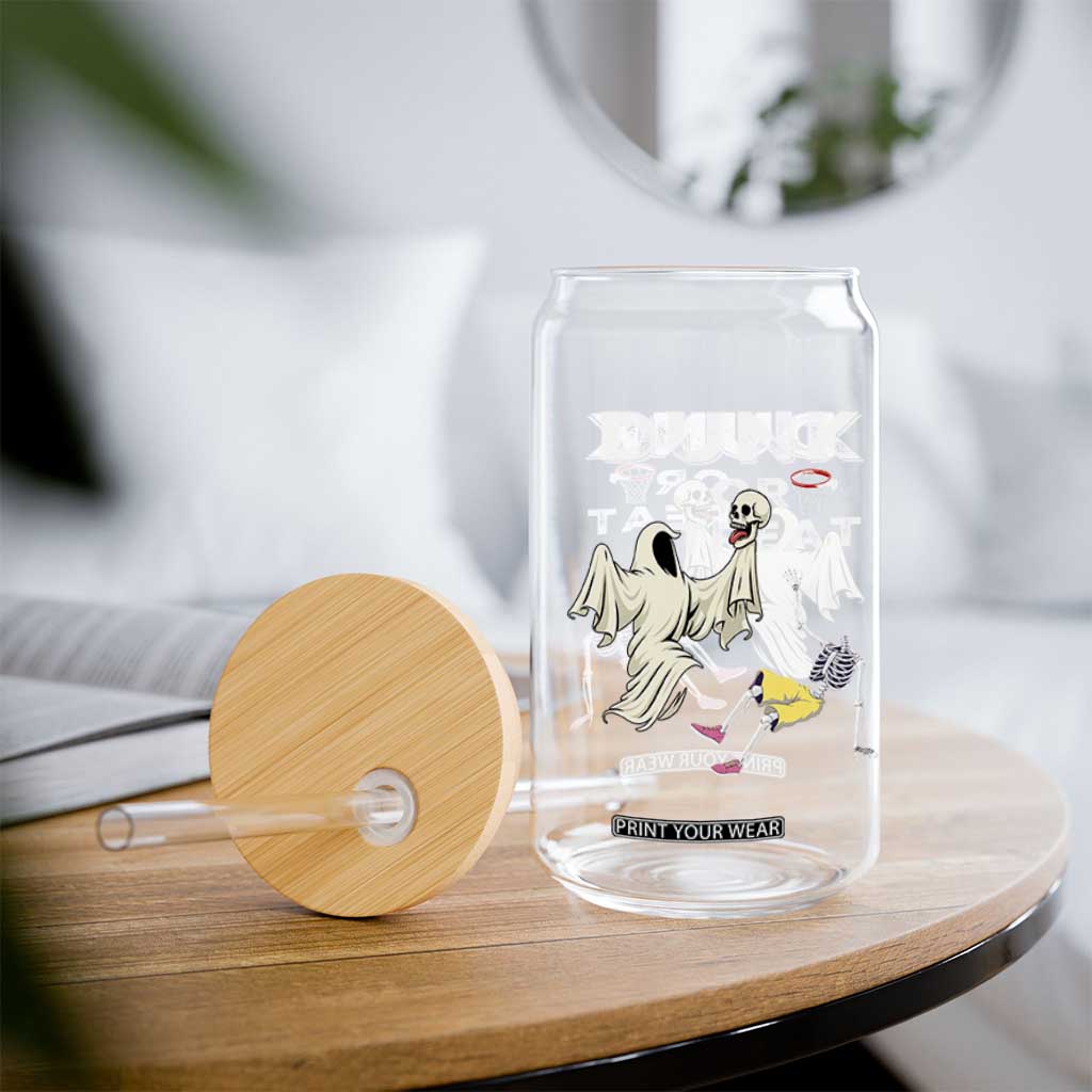Halloween Dunk Or Treat Glass Can Funny Skeleton And Ghost Playing Basketball TS12 Print Your Wear