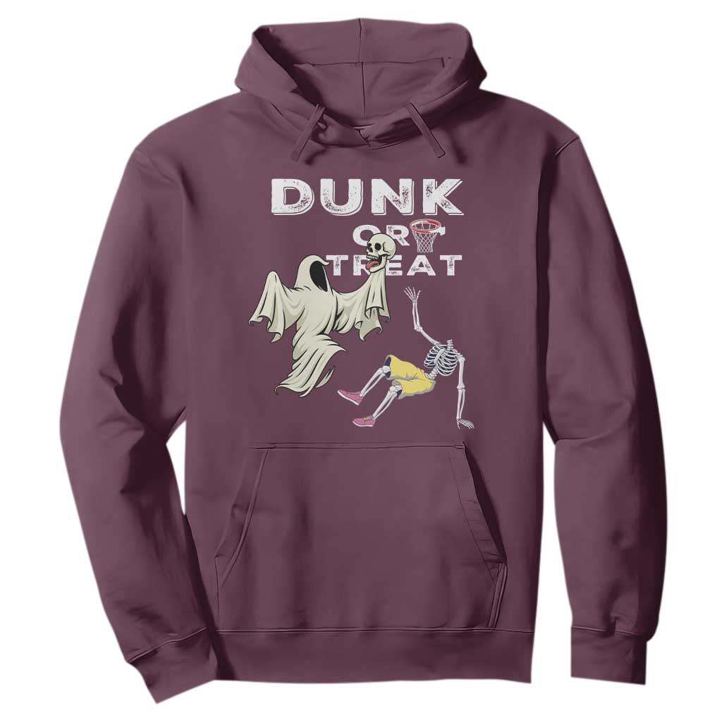 Halloween Dunk Or Treat Hoodie Funny Skeleton And Ghost Playing Basketball TS12 Maroon Print Your Wear