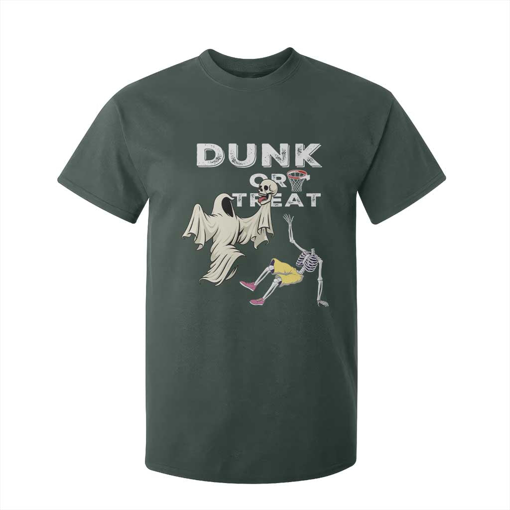 Halloween Dunk Or Treat T Shirt For Kid Funny Skeleton And Ghost Playing Basketball TS12 Dark Forest Green Print Your Wear