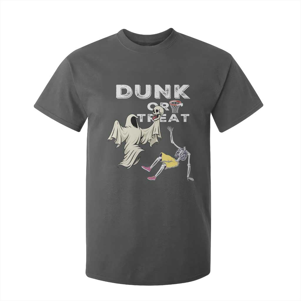 Halloween Dunk Or Treat T Shirt For Kid Funny Skeleton And Ghost Playing Basketball TS12 Dark Heather Print Your Wear