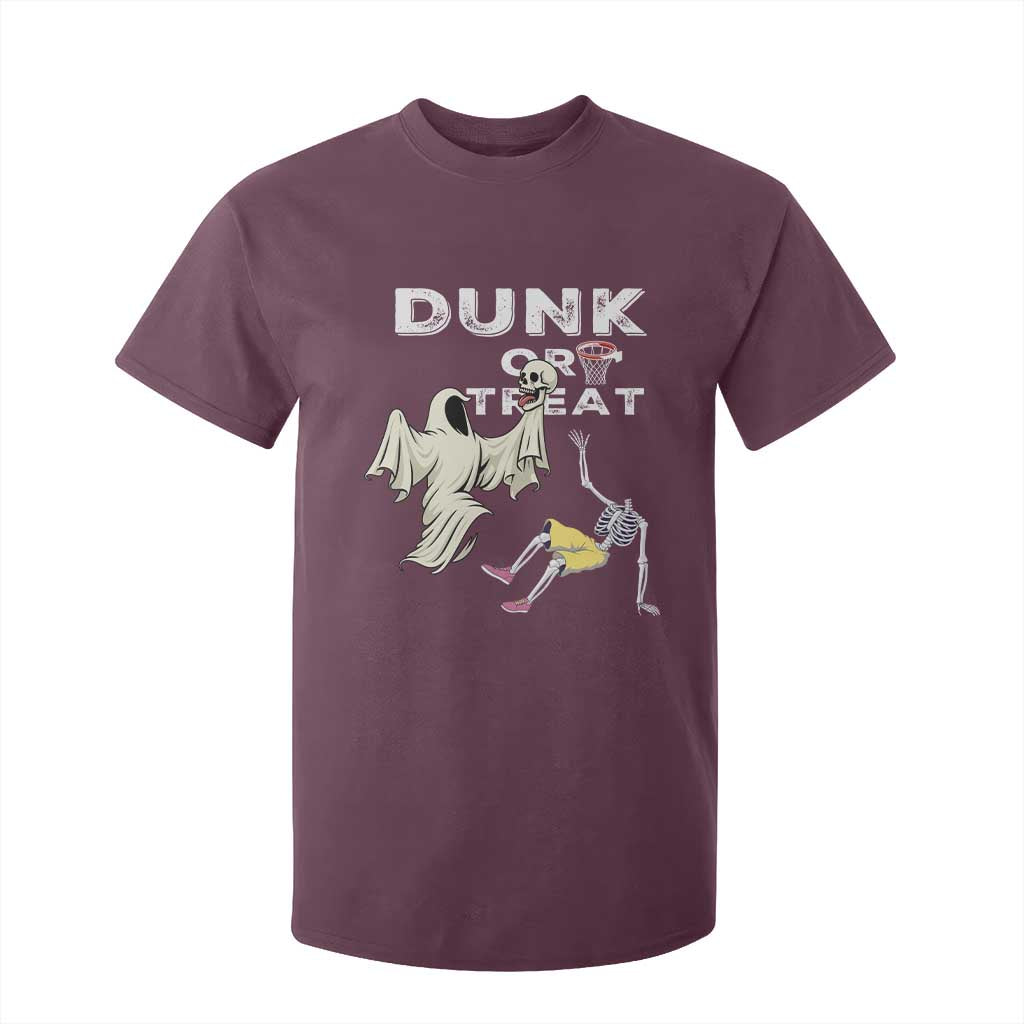 Halloween Dunk Or Treat T Shirt For Kid Funny Skeleton And Ghost Playing Basketball TS12 Maroon Print Your Wear