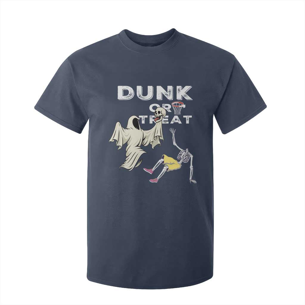 Halloween Dunk Or Treat T Shirt For Kid Funny Skeleton And Ghost Playing Basketball TS12 Navy Print Your Wear