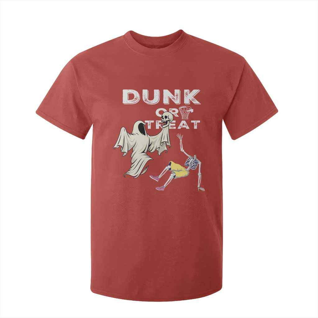 Halloween Dunk Or Treat T Shirt For Kid Funny Skeleton And Ghost Playing Basketball TS12 Red Print Your Wear
