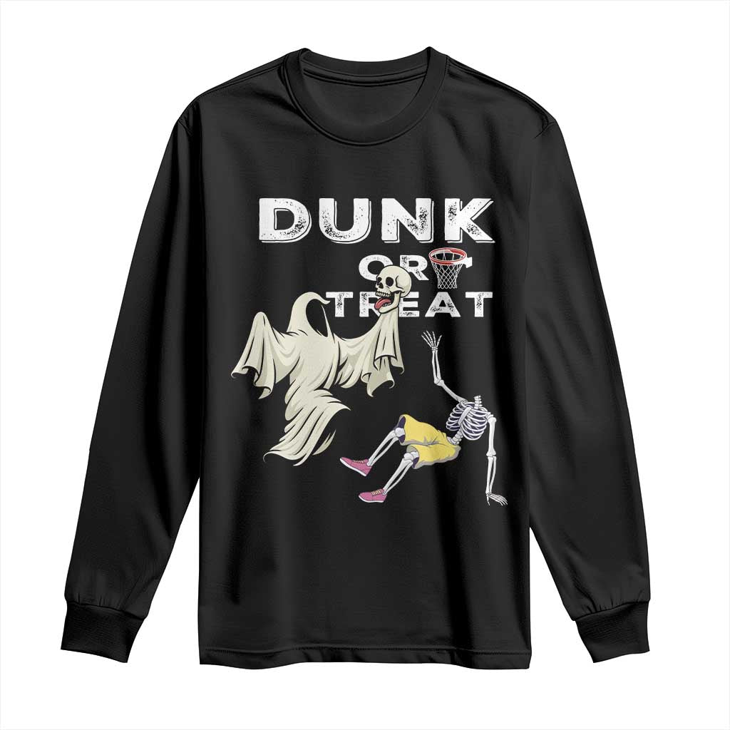 Halloween Dunk Or Treat Long Sleeve Shirt Funny Skeleton And Ghost Playing Basketball TS12 Black Print Your Wear