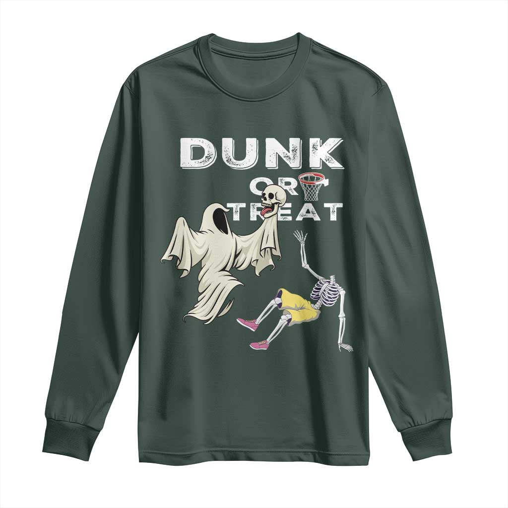 Halloween Dunk Or Treat Long Sleeve Shirt Funny Skeleton And Ghost Playing Basketball TS12 Dark Forest Green Print Your Wear