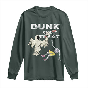 Halloween Dunk Or Treat Long Sleeve Shirt Funny Skeleton And Ghost Playing Basketball TS12 Dark Forest Green Print Your Wear