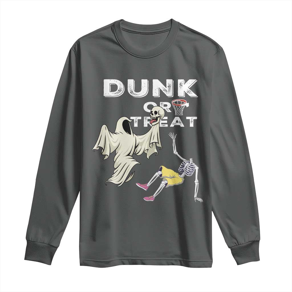 Halloween Dunk Or Treat Long Sleeve Shirt Funny Skeleton And Ghost Playing Basketball TS12 Dark Heather Print Your Wear